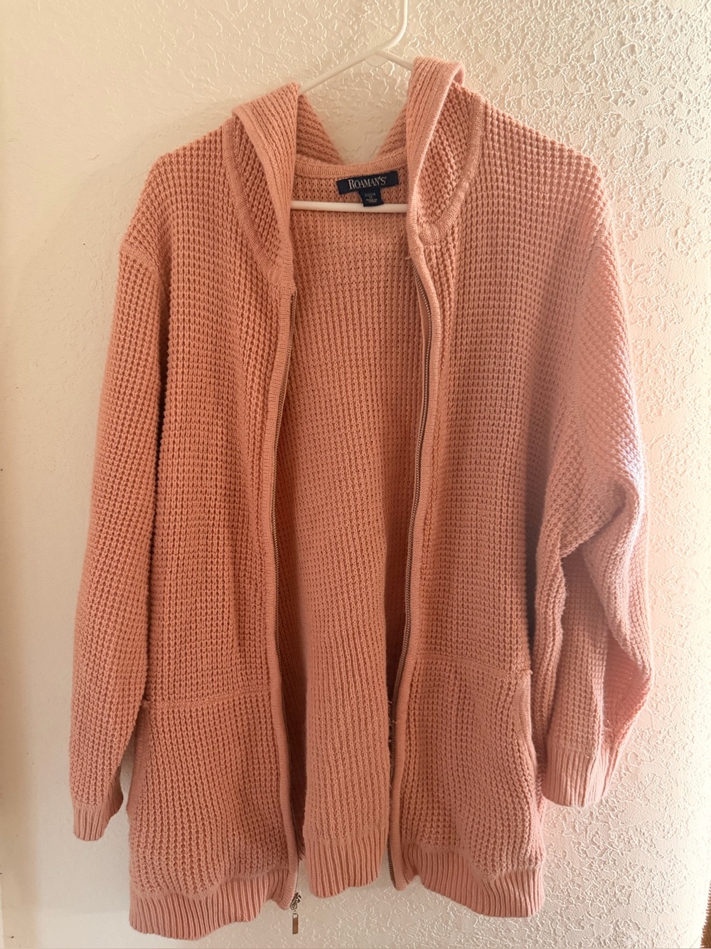 Roaman's Peach Open-Weave V-Neck Sweater